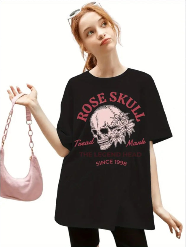 Rose Skull Graphic Tee, Summer Sports Crew Neck T-Shirt, Regular Fit, Casual Wear For Teens